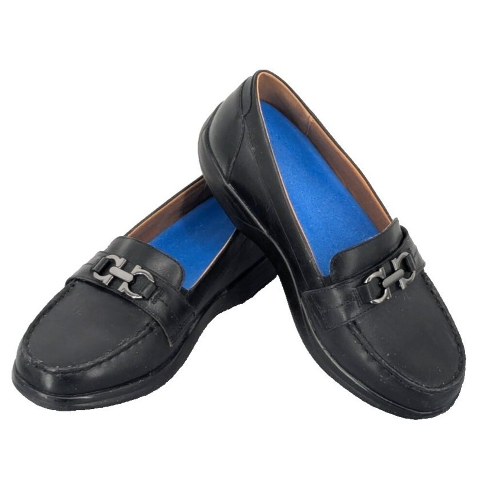 DR. COMFORT Womens Black Leather Loafers SIZE 10XW Mallory Silver Accent GREAT